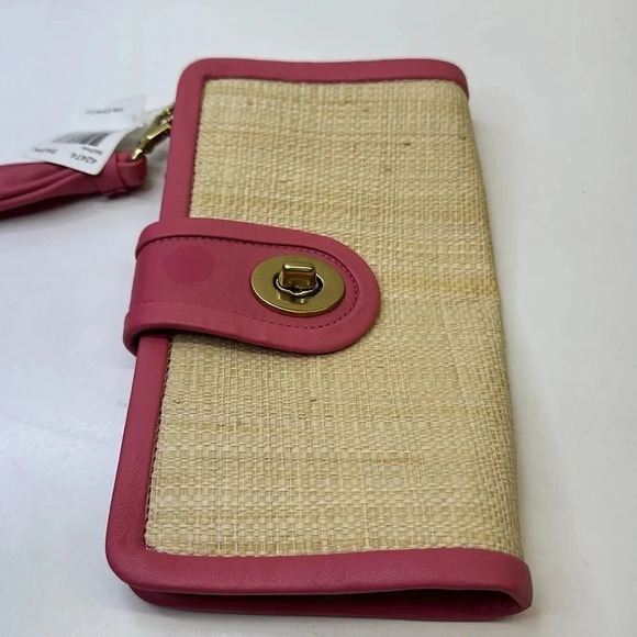 Coach Park Straw Clutch Handbag Small Purse Leather Metal Gold Tan Pink New NWT - Picture 4 of 13